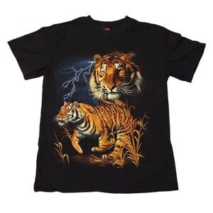 90s Thunder Tiger Lightning Double Sided Black T-Shirt Medium